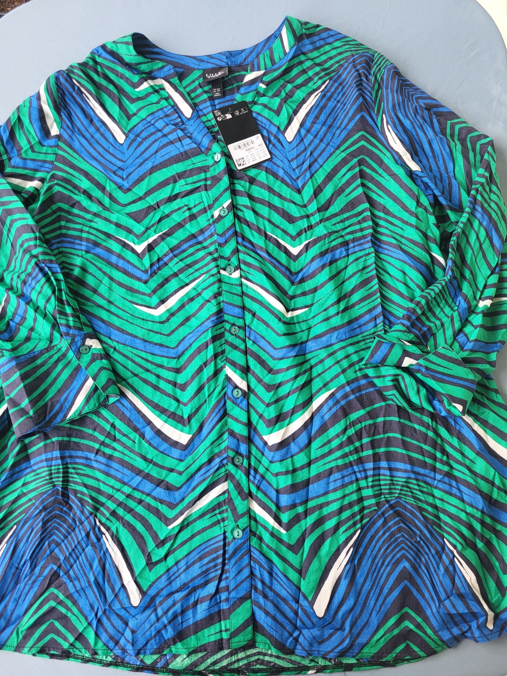Ulla Popken Green Blue & Black Chevron-Stripe Blouse